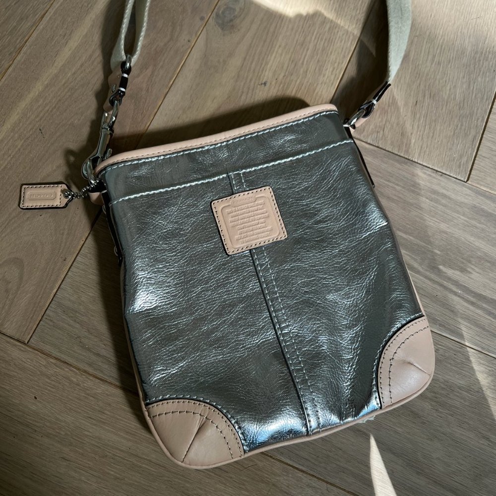 Coach Silver Metallic Crossbody Bag with Nude Leather Accent